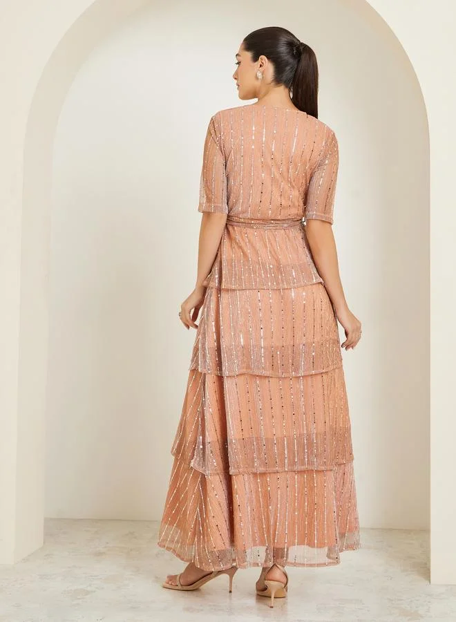 Styli  Golden Sequin V-Neck Tiered Maxi Dress for Women | Best Price UAE